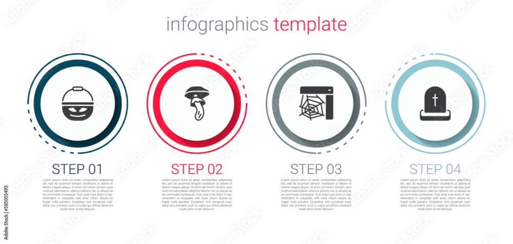 Poster set pumpkin basket for sweets, psilocybin mushroom, spider web and tombstone with rip written. busin