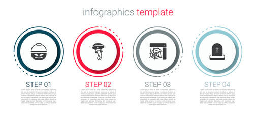Set Pumpkin basket for sweets, Psilocybin mushroom, Spider web and Tombstone with RIP written. Business infographic template. Vector