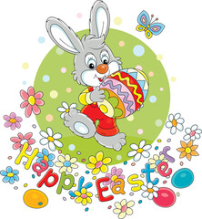 Easter card with a happy little bunny carrying a painted gift egg through a pretty spring lawn with colorful flowers and a merrily fluttering butterfly, vector cartoon illustration