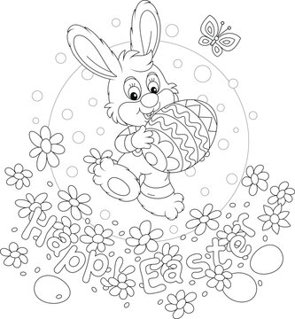 Easter card with a happy little bunny carrying a decorated gift egg through a pretty spring lawn with flowers and a merrily fluttering butterfly, black and white vector cartoon