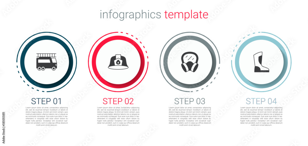 Sticker Set Fire truck, Firefighter helmet, Gas mask and boots. Business infographic template. Vector