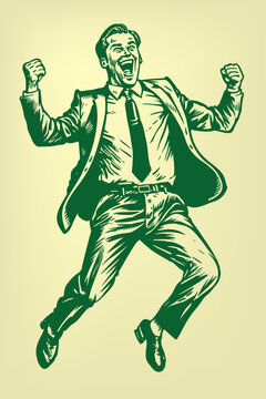 Man with a suit jumping up out of joy. Successful businessman. Woodcut engraving style hand drawn vector illustration. Optimized vector. 