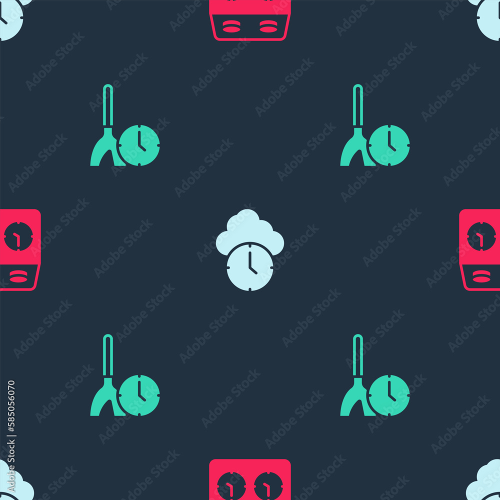 Poster set time chess clock, clock and cleaning time on seamless pattern. vector