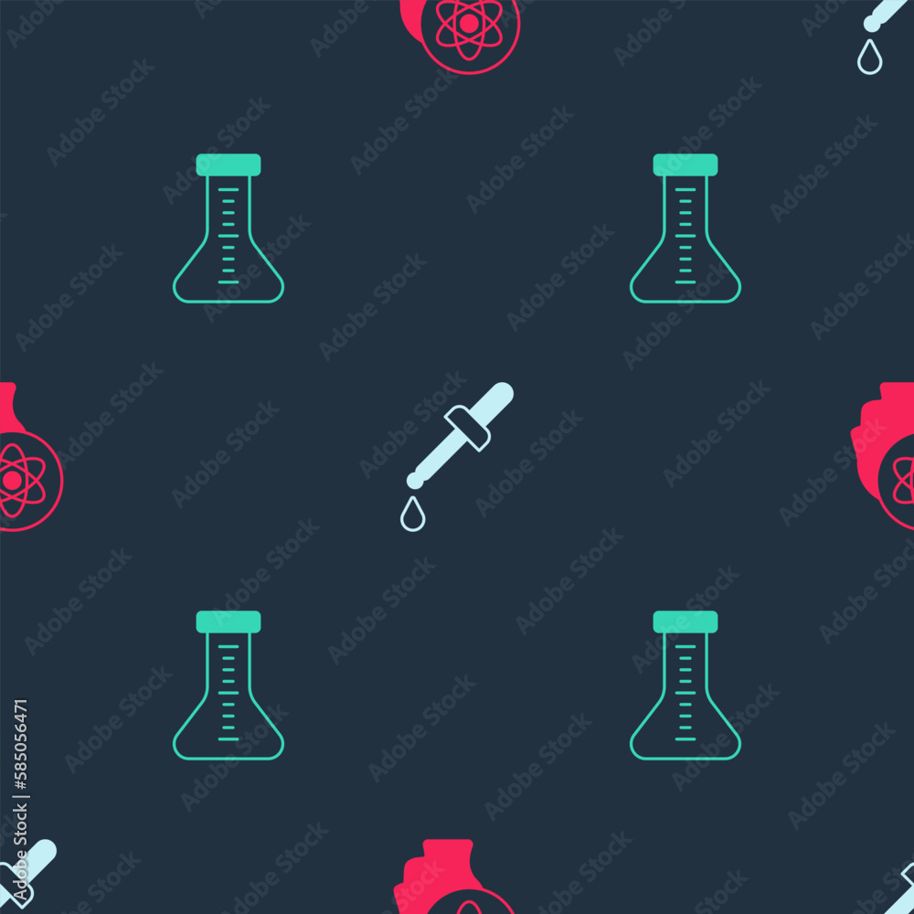 Poster set atom, pipette and test tube on seamless pattern. vector