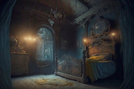 Bedroom In Old Abandoned House With Burning Candles And Dirty Curtains, Created With Generative Ai