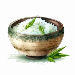 Bowl with rice in watercolor style on white background. Generative AI.