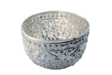 Die Cut Hand carved silver bowl on white background, water silver bowl for Songkran festival , side view no shadow