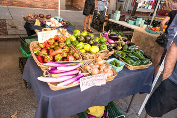 Farmers Market, Troy, NY, on a bright sunny day showing showing a colorful display of a variety of vegetables in many colors. All on display in baskets.