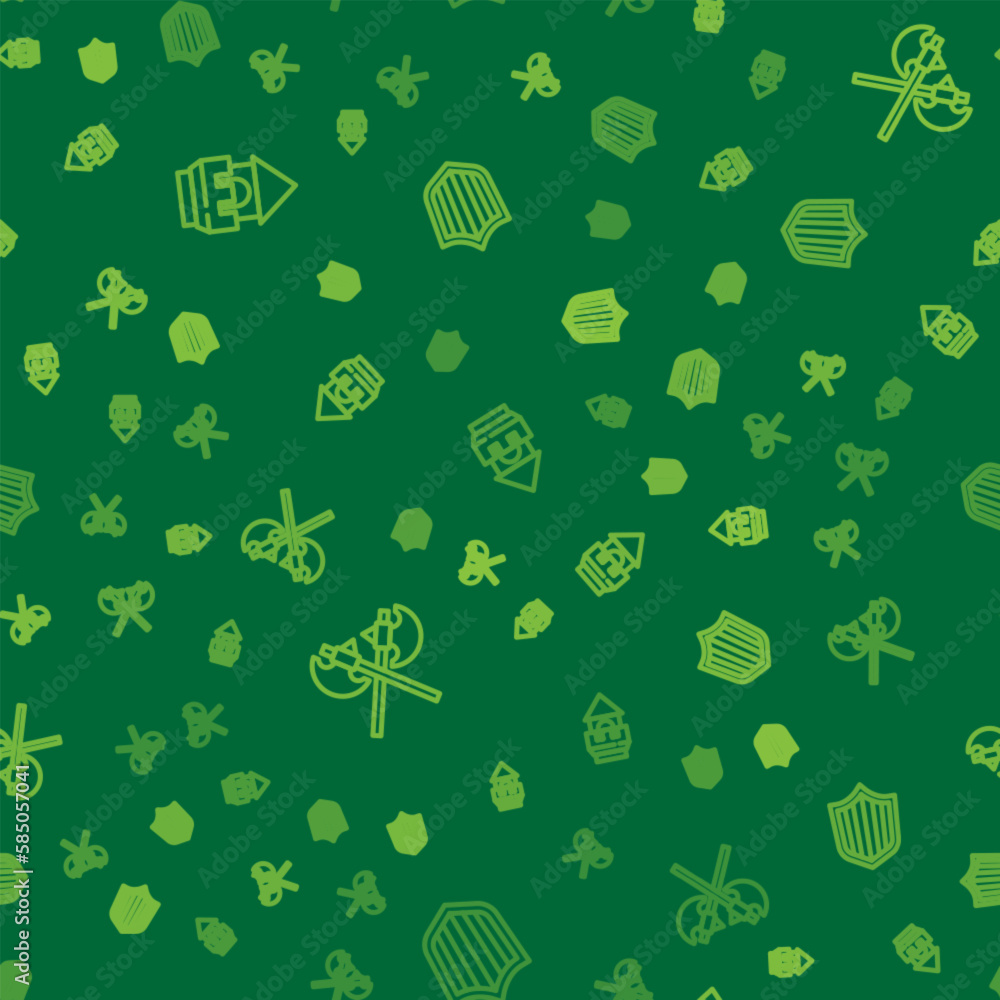 Poster set line castle tower, crossed medieval axes and shield on seamless pattern. vector
