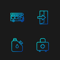 Set line First aid kit, Canister fuel, Fire truck and exit. Gradient color icons. Vector