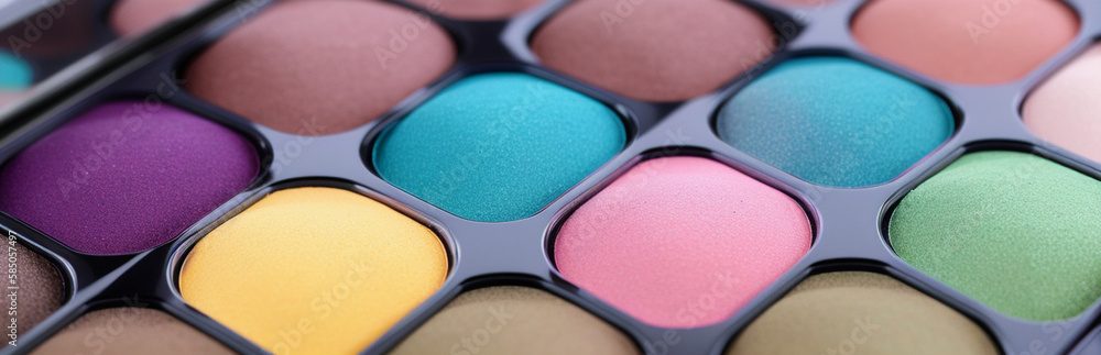 Wall mural illustration of an array of colorful eyeshadows in a makeup palette created with generative ai techn