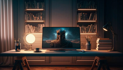A sleek home office in dark room featuring a laptop resting on a desk, generative ai