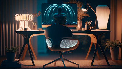 A sleek home office in dark room featuring a laptop resting on a desk, generative ai