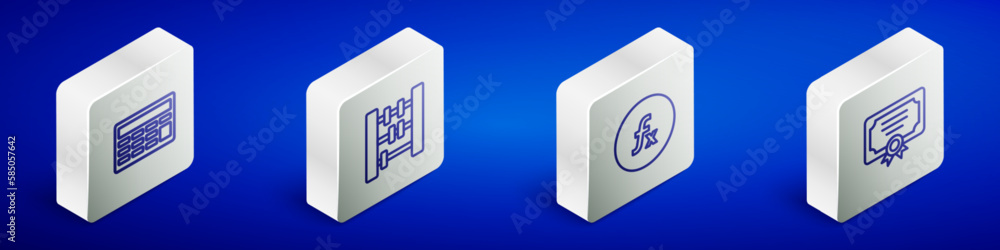 Poster set isometric line calculator, abacus, function mathematical symbol and certificate template icon. v