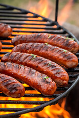 Hot and spicy sausage on grill fire in summer