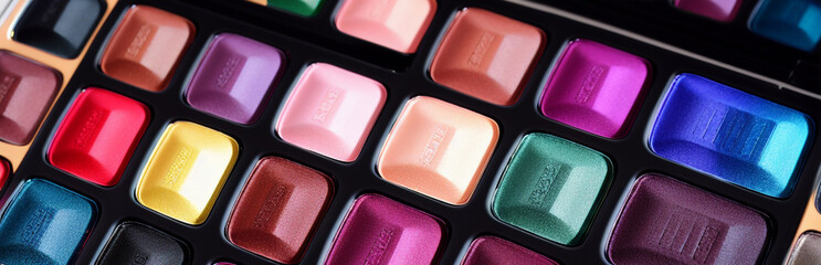 Fototapeta premium Illustration of an array of colorful eyeshadows in a makeup palette created with Generative AI technology