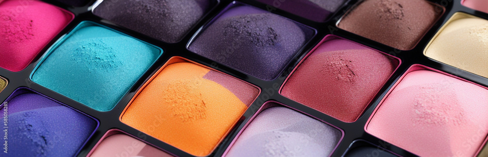 Wall mural illustration of an array of colorful eyeshadows in a makeup palette created with generative ai techn