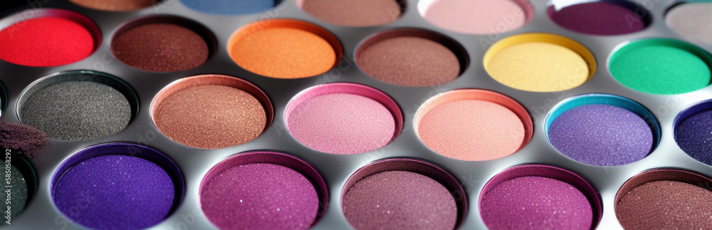 Wall mural illustration of an array of colorful eyeshadows in a makeup palette created with generative ai techn