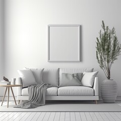 Scandinavian Design Interior: Modern White Living Room with a Blank Picture Frame Mockup on the Wall: Generative AI