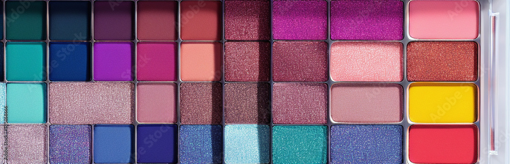 Wall mural illustration of an array of colorful eyeshadows in a makeup palette created with generative ai techn