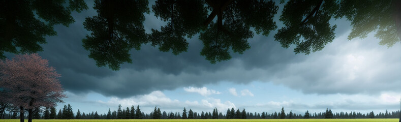 Obraz premium Illustration of a serene landscape with trees and billowing clouds created with Generative AI technology
