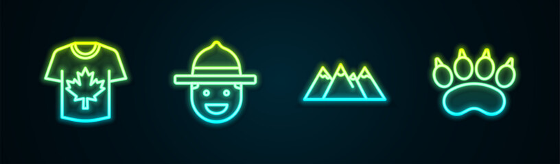 Set line Hockey jersey, Canadian ranger hat, Mountains and Bear paw footprint. Glowing neon icon. Vector