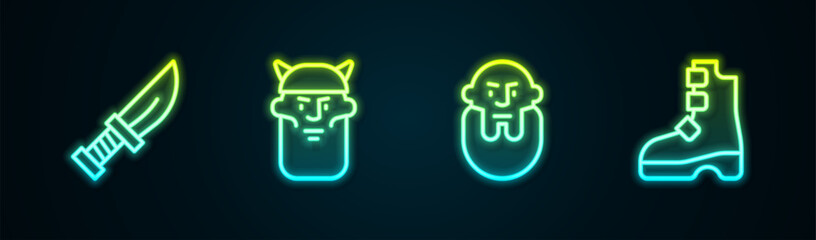 Set line Dagger, Viking head, and Ancient viking boots. Glowing neon icon. Vector