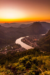 Sunset aerial view of Nong Khiaw, Laos