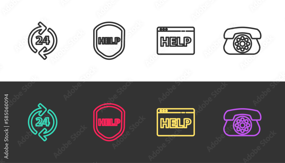 Poster set line telephone 24 hours support, shield with text help, browser help and on black and white. vec