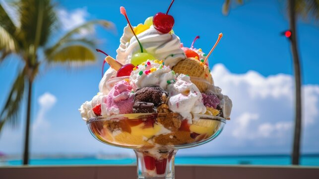A towering ice cream sundae with multiple scoops of vividly colored ice cream piled high in a glass dish illustrations, ai art