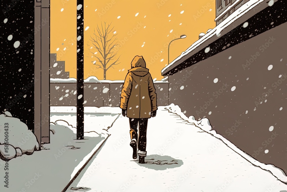 Poster tilted-up view of a snow-covered street and a solitary pedestrian strolling generative ai