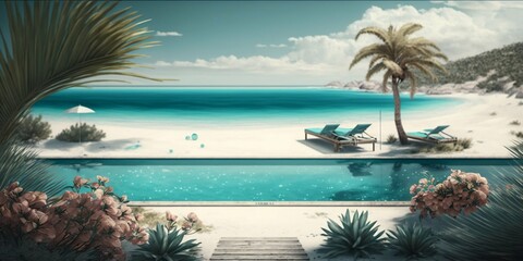 Caribbean landscape of a pool and the beach with white sand. Summer concept. Generative IA