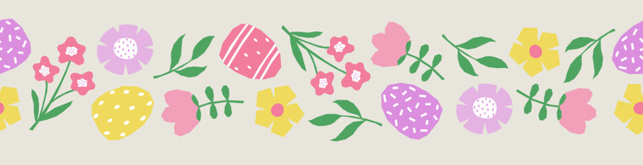 Seamless border with hand drawn Easter eggs, flowers and leaves. Cutout colorful plants and eggs on grey background.