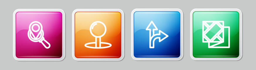 Set line Search location, Push pin, Road traffic sign and Folded map. Colorful square button. Vector