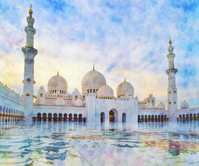 Fototapeta premium Sheikh Zayed Grand Mosque in the golden rays of the setting sun, Abu Dhabi, United Arab Emirates. Watercolor painting.