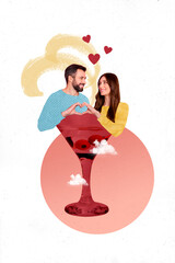 Unusual graphics photo collage couple in martini glass showing heart gesture symbolizing love date...
