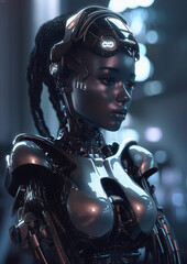 Black cyberpunk android woman, Generative AI