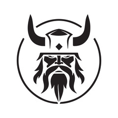 Viking head. Scandinavian fighter. Man with helmet and beard. Vector icon of strong nordic warrior. Powerful angry and strong fighter. Tattoo design of odin soldier. Minimal clean modern company logo