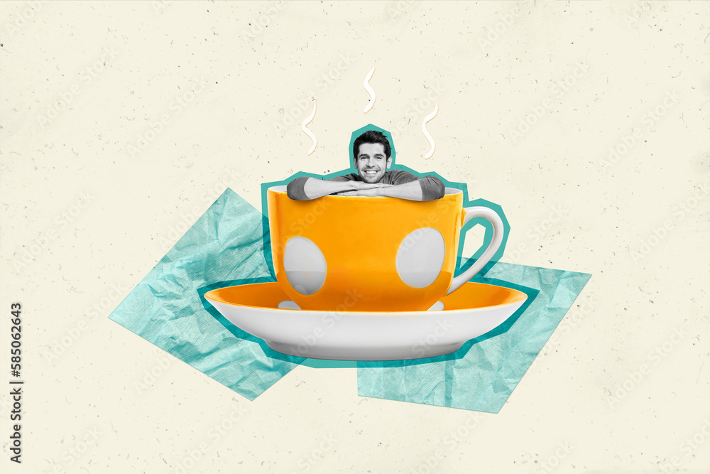 Sticker Closeup photo collage of big hot coffee cup with plate vintage print young guy sitting inside caffeine addicted person concept