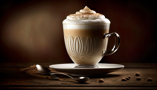 Horizontal image of delicious cappuccino coffee over dark background with copy space. Generative AI.