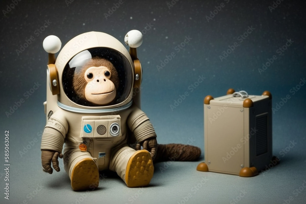 Wall mural cosmonaut or astronaut monkey toy in a spacesuit concept. space and science exploration funny pet an