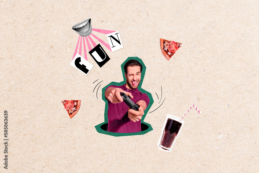 Wall mural Creative template collage of young crazy guy playing video game with pizza slice cola drink fun entertainment occasion concept