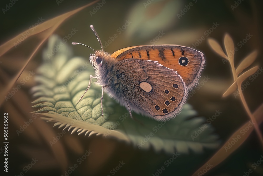 Poster close-up of a little heath butterfly perched on a leaf in nature generative ai