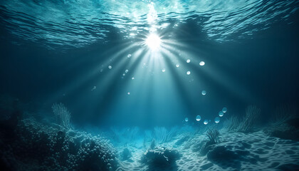 Underwater Sea - Deep Water Abyss With Blue Sun light. 80mm focal length, f 2.8 aperture, D750 shot, super detail, super sharp, surreal, super pixel, 8k,16k - obrazy, fototapety, plakaty