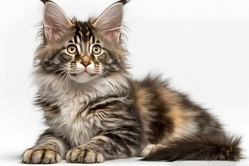Eight-month-old maine coon on a white backdrop. Generative AI