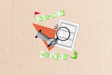 Creative banner poster collage of businessman employer look up different people choose company team research target clients
