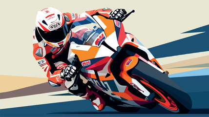 Moto gp vector art. Man on a motorbike at high speed leaning in the curve. Racing sport. Motogp championship. Silhouette on road on a moto competing for championship. Circuit track Background poster - obrazy, fototapety, plakaty
