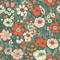 Naives Blumenmuster im Stil der 70er Jahre,nahtlos, grün, rosa und rot, Generative AI © Jennifer