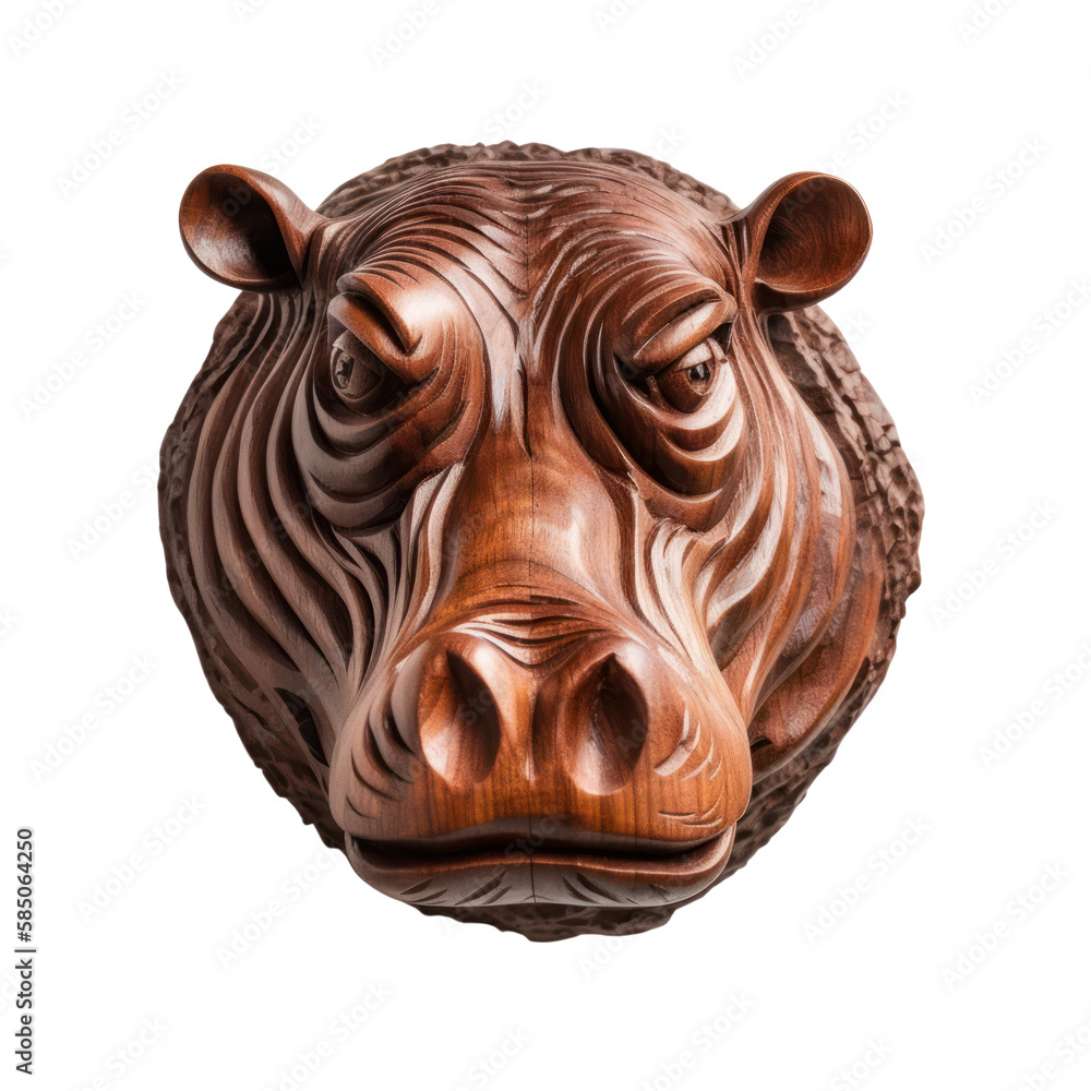 Wall mural Mahogany wooden hippopotamus head trophy,  isolated on white, wall hanging, transparent background, PNG, generative ai