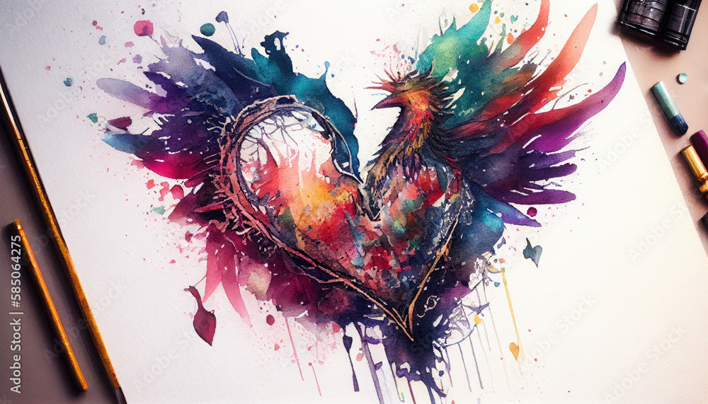 Wall mural watercolor broken heart with splashes ink painting - by generative ai